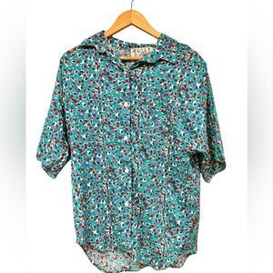 Guilt Fashion Vintage Button Down Short Sleeved Shirt Blue Floral Retro Medium